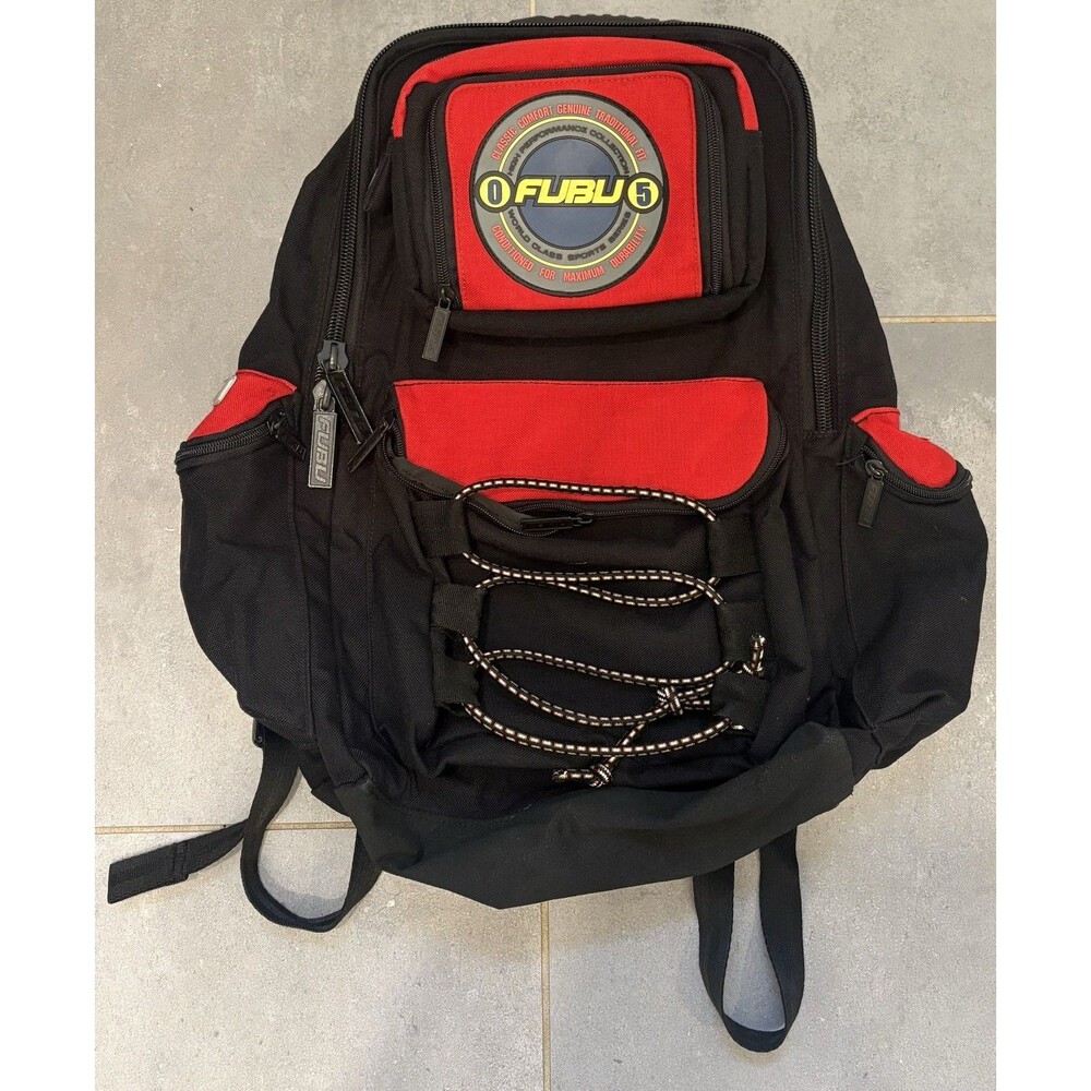 FUBU 5 Athletic Backpack Sports Bag Travel Camp Red Black Reflective Y2K